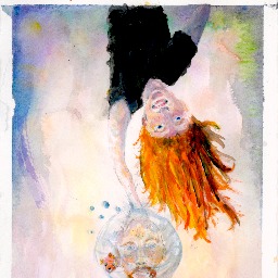 This is a painting of two character. The first one wears a black T-shirt and has long read hair. They are upside-down and reaching towards the bottom with their right hand. The hand touches the the head of the second character, who is bald and has a red beard. Their head is inside a bubble of water were a red fish is swiming. The second character looks surprised. He wears a blue jacket and has painted nails. The background is a watercolors blend of pink and blue.