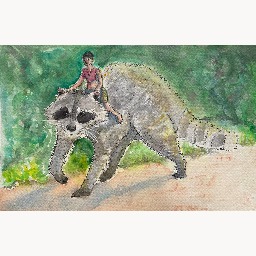 The watercolor represents a little pixie (without wings) riding a huge friendly racoon in a street  in the woods.